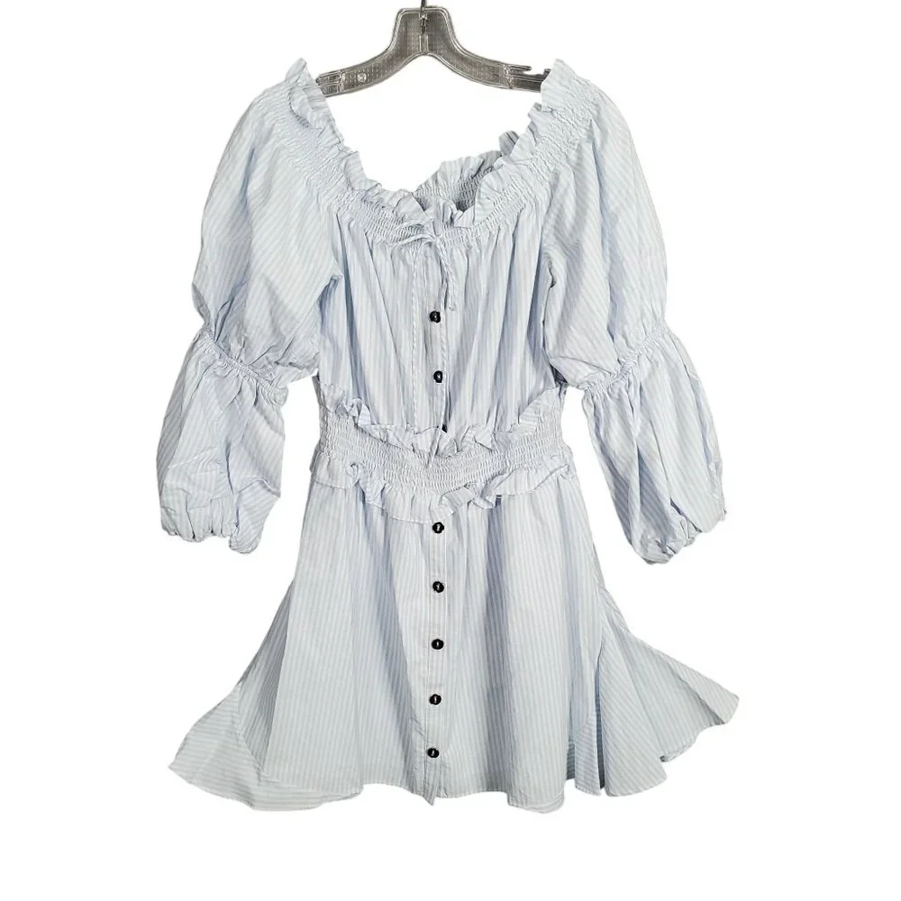 Gianni Bini Size L Dress Off Shoulder Puff Sleeve Coastal Stripe Country Cottage - Picture 2 of 12